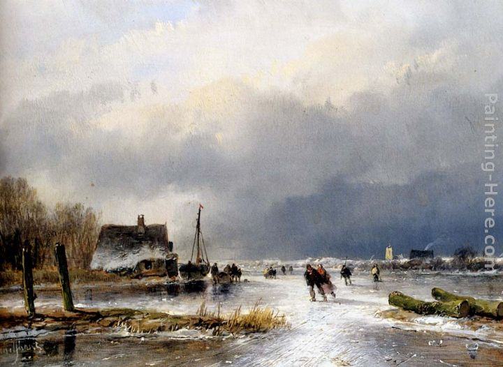 Andreas Schelfhout A Winter Landscape With Skaters On A Frozen Waterway